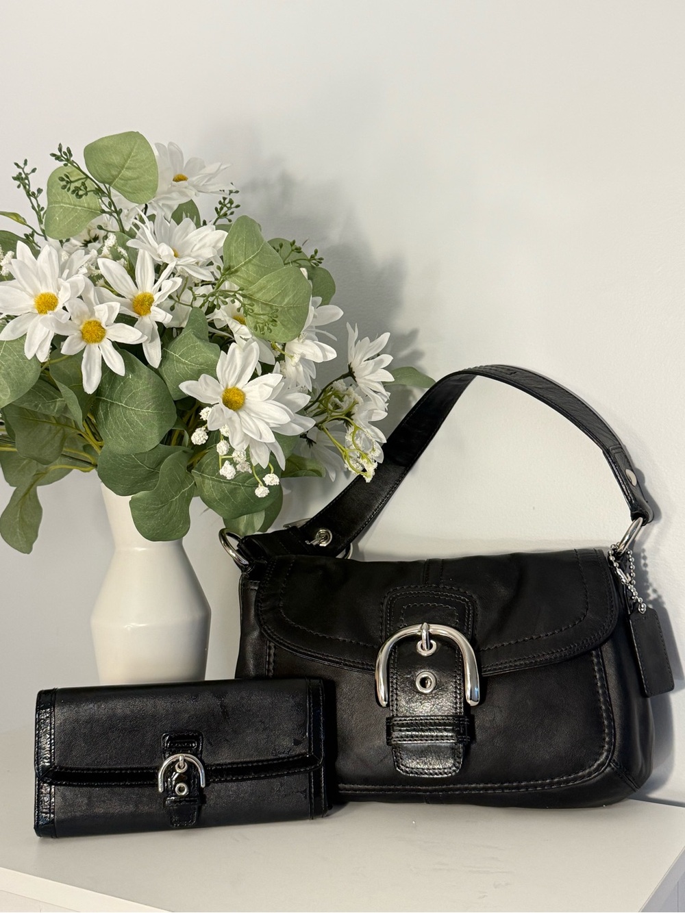 🖤 Coach Soho Black Leather Buckle Flap Shoulder Bag + Matching Wallet Set (2010)